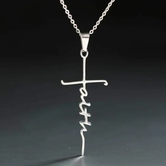 BOGO 50% Off NWT Stainless Steel Christian Cross Faith Word Pendant Necklace - Picture 1 of 7